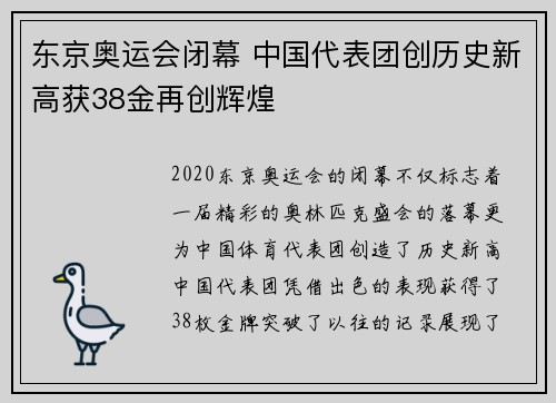 东京奥运会闭幕 中国代表团创历史新高获38金再创辉煌