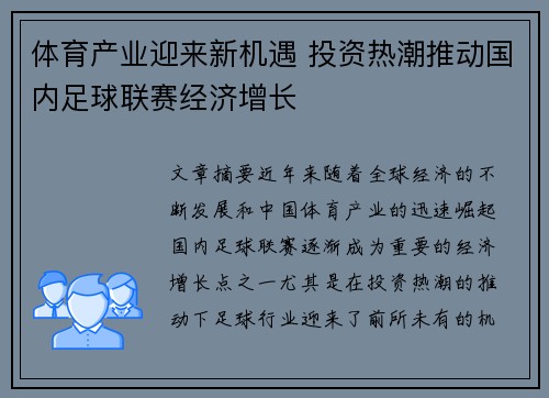 体育产业迎来新机遇 投资热潮推动国内足球联赛经济增长